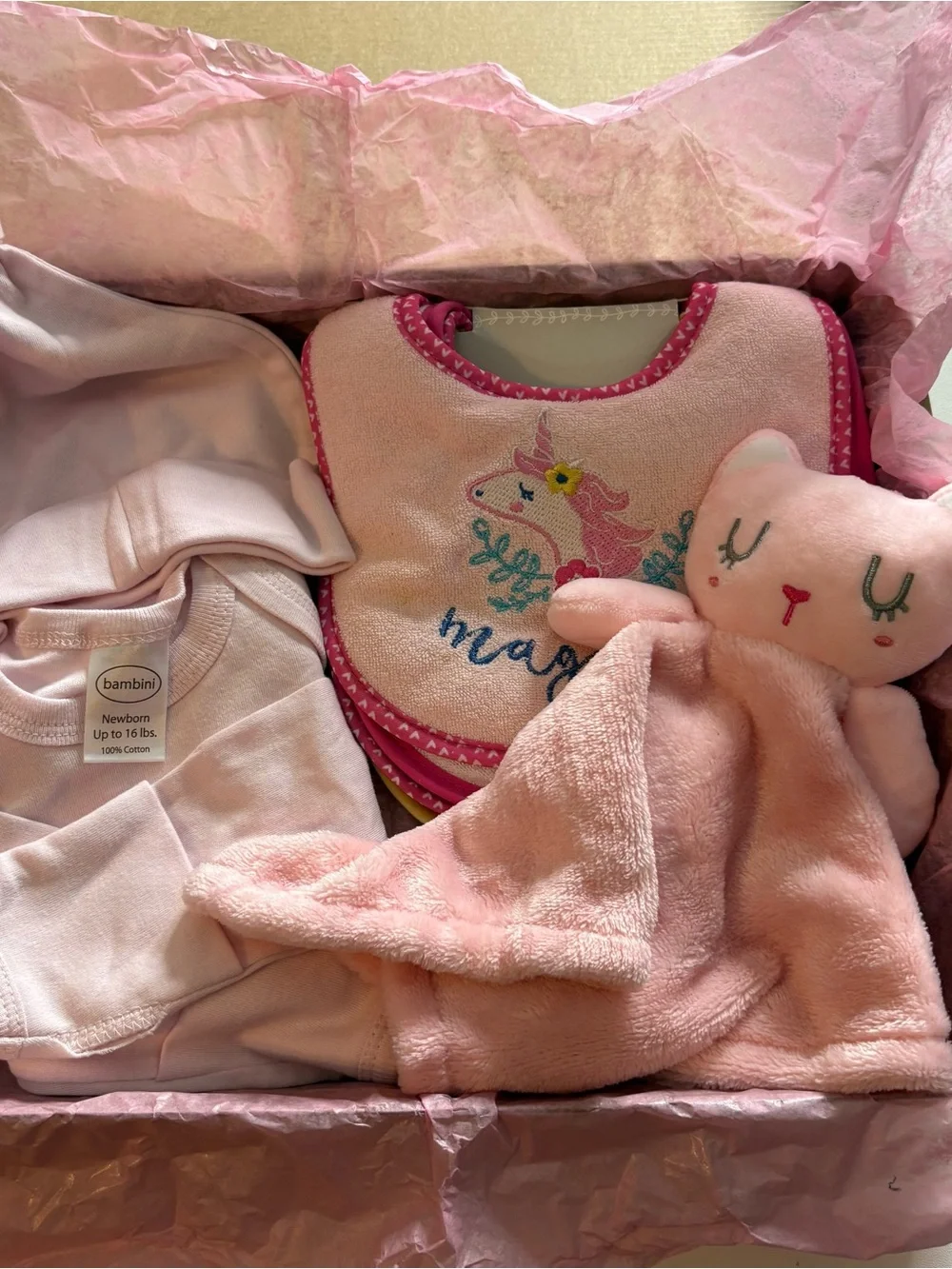 Pink Newborn Baby Pajama Set with Unicorn Bib & Plush Comforter